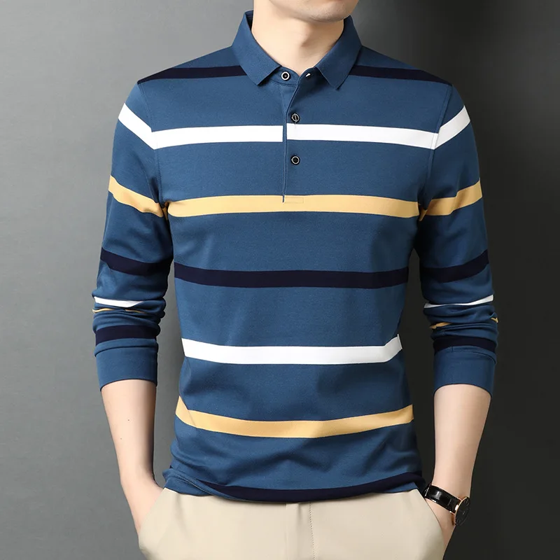 

2021Spring Autumn New Arrival High Quality 100% Pure Cotton Casual Striped Turn Down Collar Long Sleeve Polo-Shirt Men Clothing