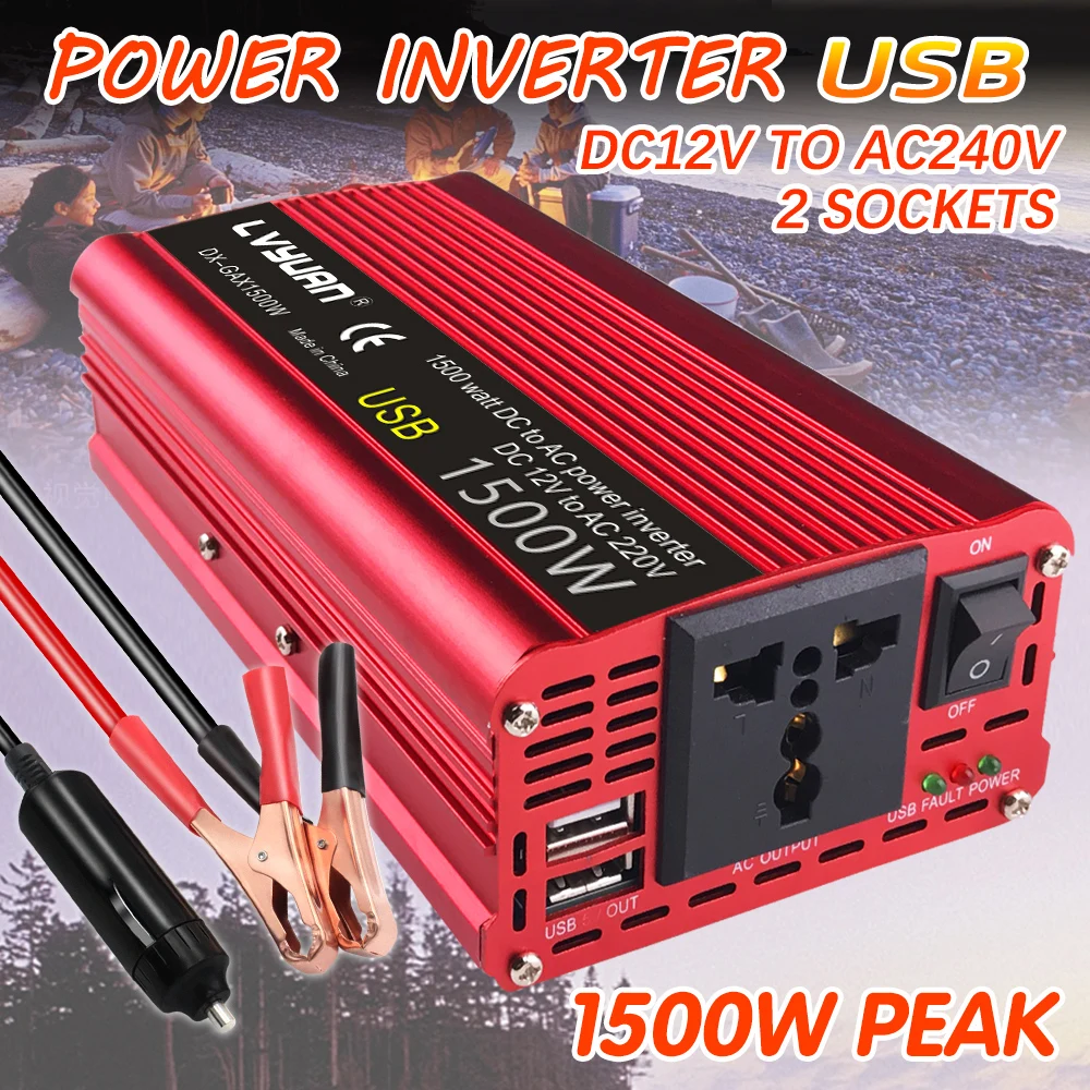 

Car Inverter 1500W/2000W/2600W DC 12V to AC 220V Power Inversor 2USB Portable Charger Adapter Converter Cigarette Lighter Plug