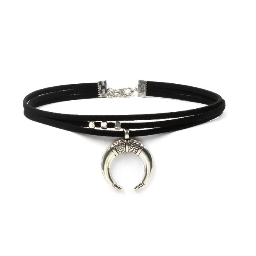 Choker Layers Necklace Black Pu Belt with Moon Oxford Fish Tail Pendant Bead Charm  Square Cube Extended Metal Chain