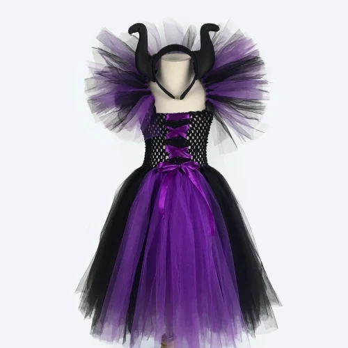 Girls Purple Black Witch Tutu Dress Kids Crochet Tulle Dress Ball Gown with Maleficent Hairbow Children Halloween Party Dresses