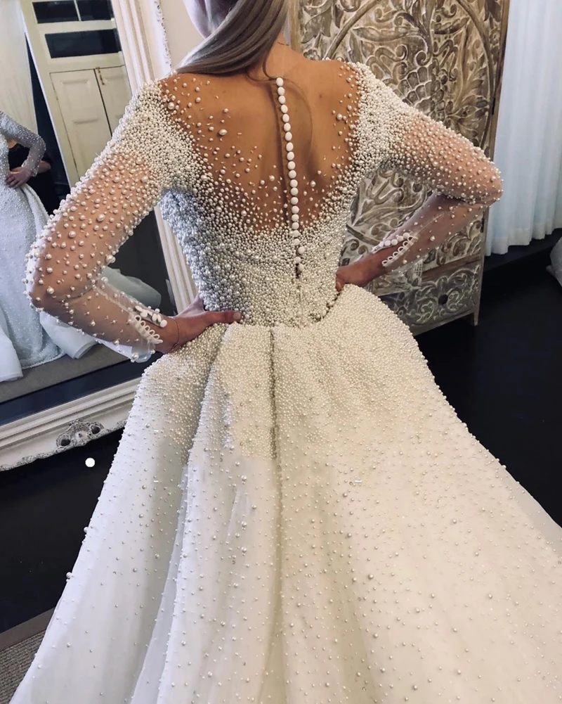 Robe de Mariée de Luxe avec Jupe Détachable et Perles, Tenue Élégante à Manches sulf, 2020