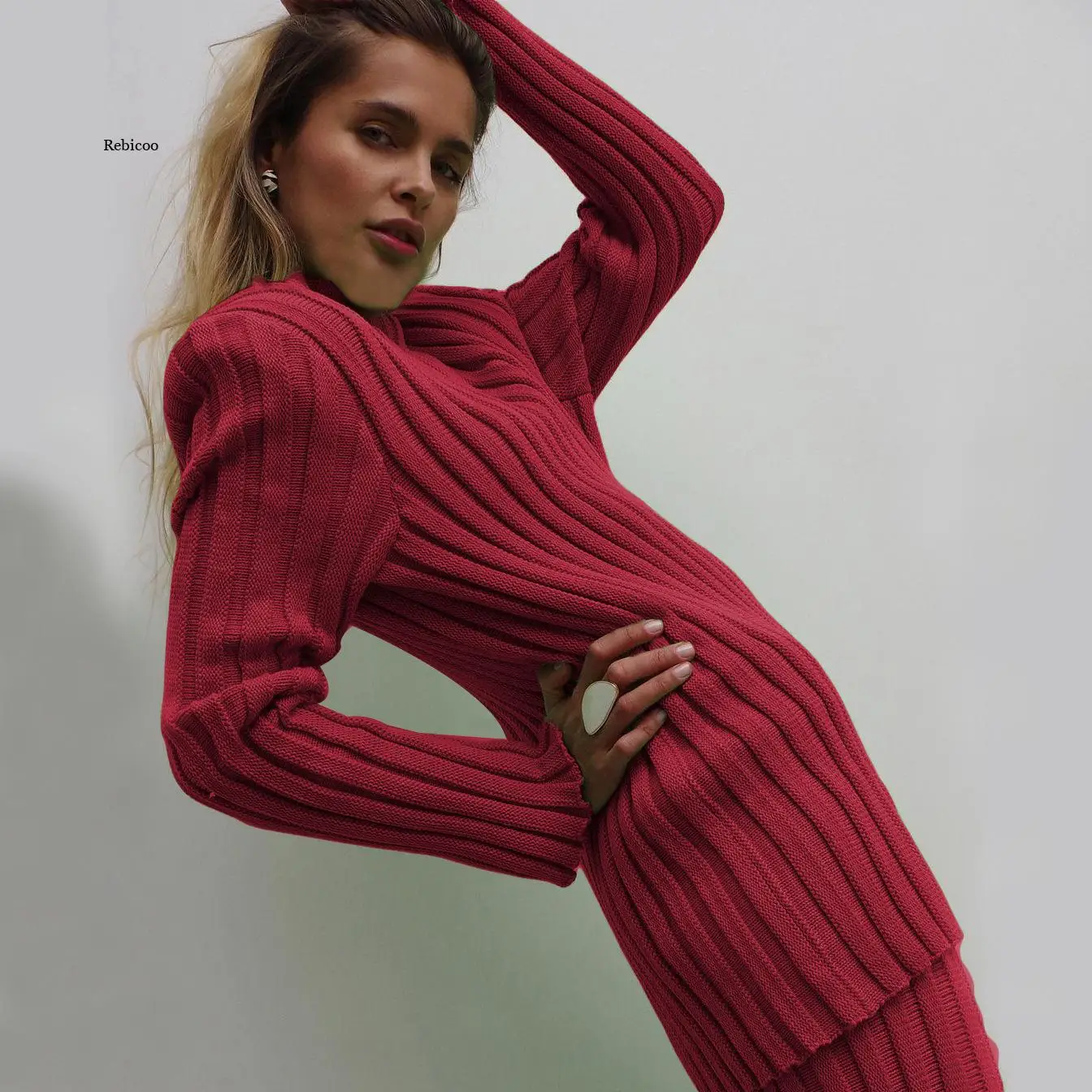 

Casual Winter Women Knitted Pullover Sets Long Skinny Sweater Tops Striped Long Sleeve Jumper Ribbed Knitted Trousers Suit