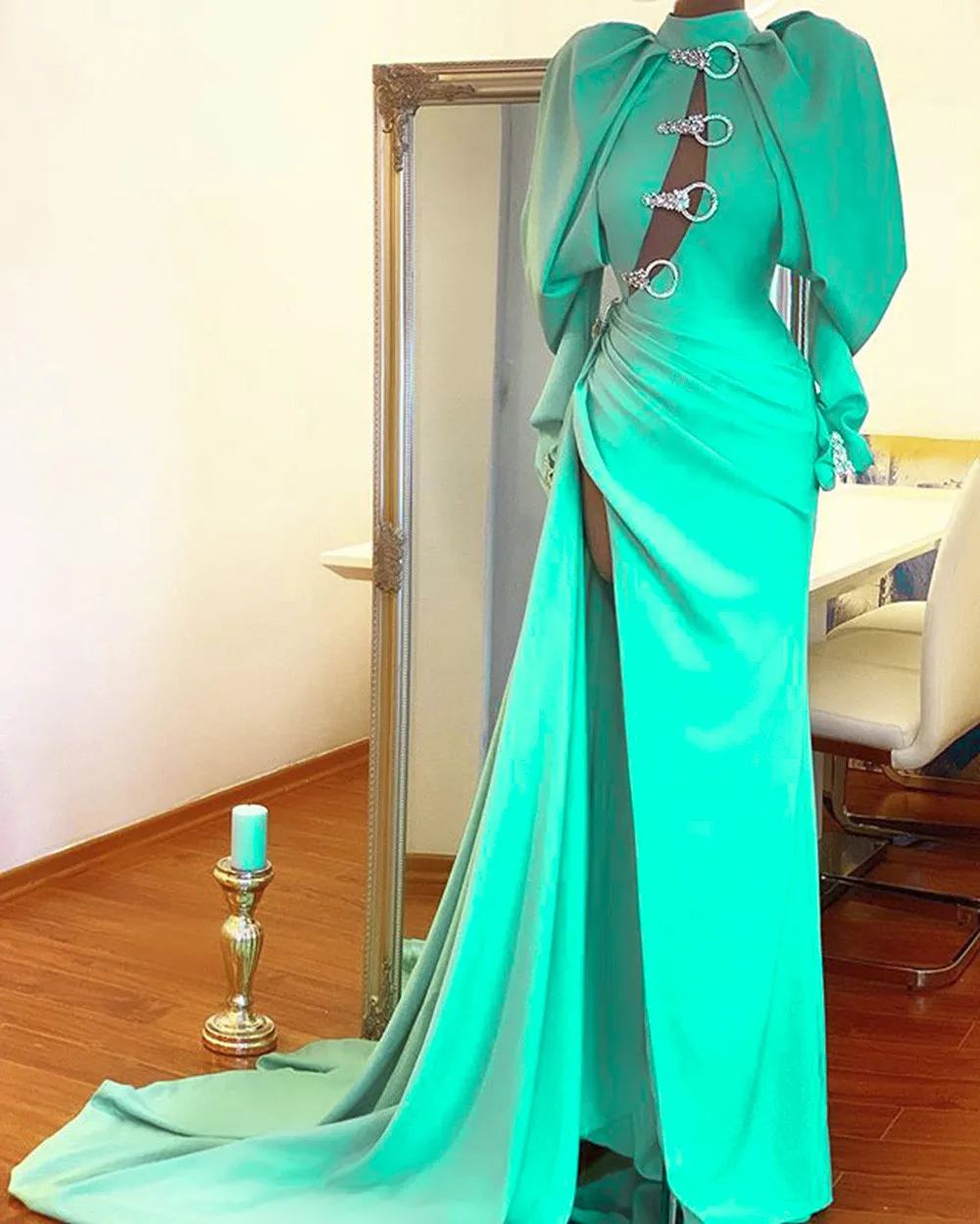 

Turquoise Robe De Soiree A-line Long Sleeves Beaded Slit Sexy Long Prom Dresses Prom Gown Evening Dresses