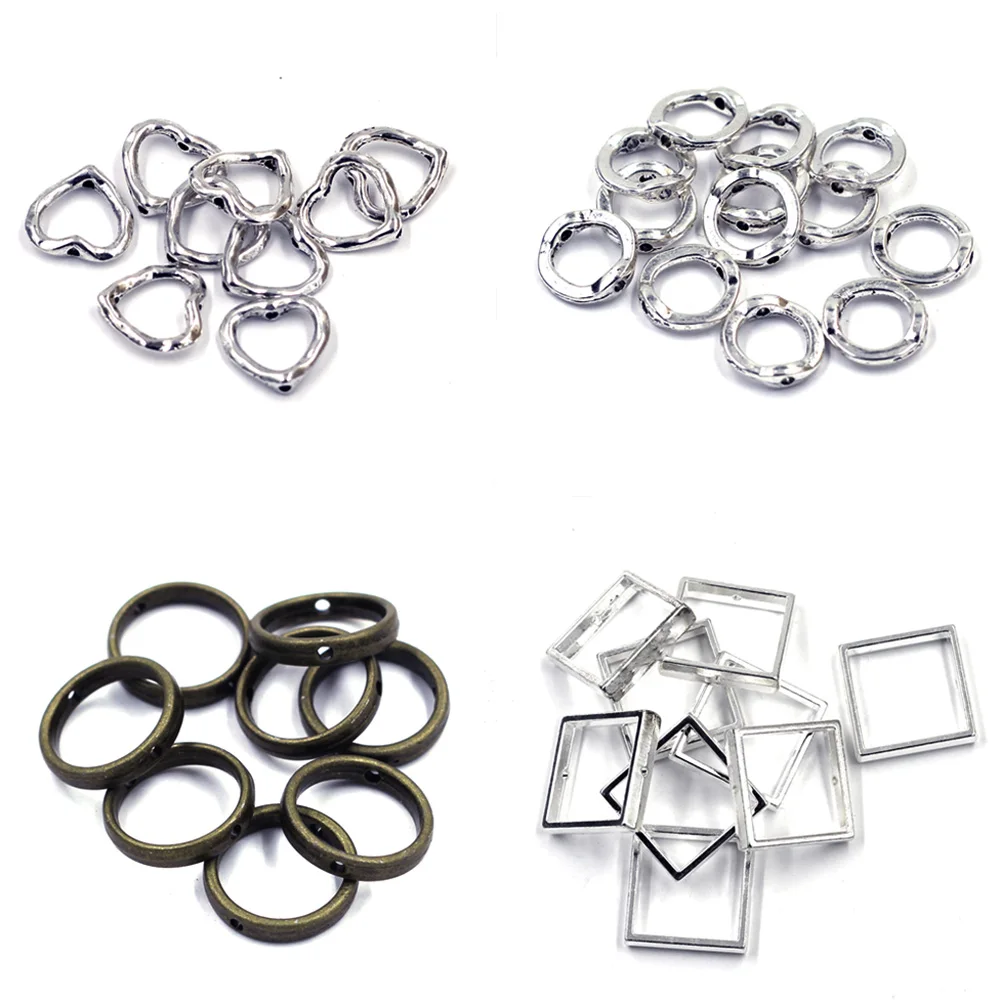 

20Pcs Spacer Beads Frames Heart Circle Square Metal Bronze Silver Tone