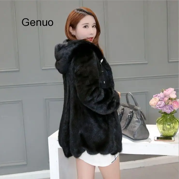 Winter Faux Fur Jacket Women Middle Long Korean Style Hooded Cashmere Outwear Femme  3XL