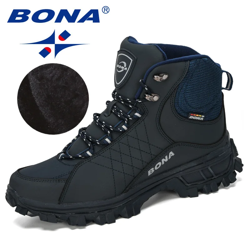 Bona novos designers homens tornozelo caminhadas botas, mais tamanho moda clássico calçado de trekking ao ar livre botas de inverno de pelúcia homem confortável