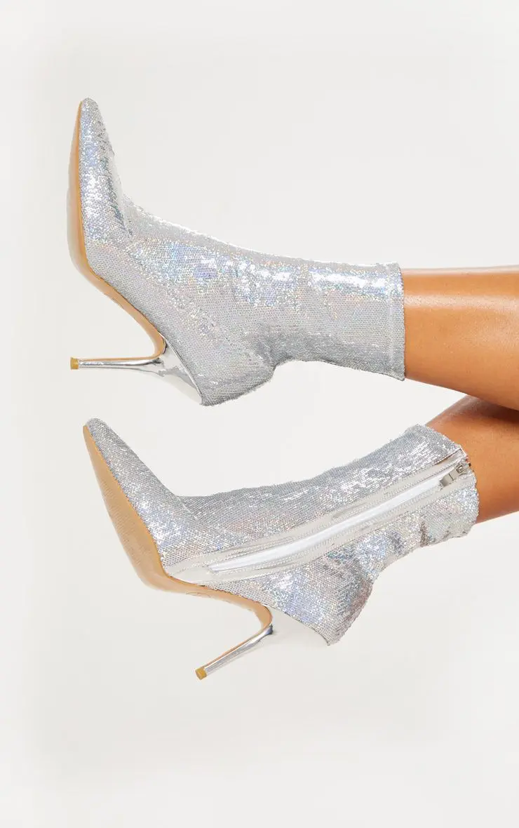 Silver Sequins Bling Bling Ankle Boots Thin High Heel Pointed Toe Prom Short Boots Woman Night Club Stage Glitter Boots