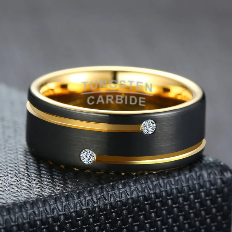 New European and American Fashion Men's Ring, Groove Set With Two Zircon Tungsten Steel Rings, Black Gold Ring