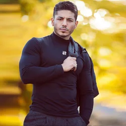 Men Long Sleeve Shirt High Collar Quick Dry Polyester Bodybuilding Gym Fitness Muscle Shirts Under Shirt for Men