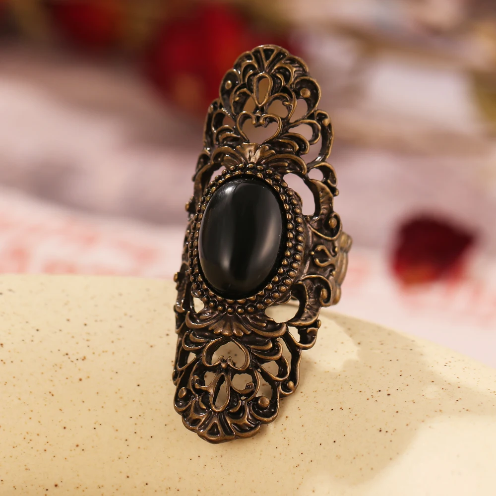 Top quality bohemian black stone ancient bronze ring AAA hollow large oval ring women\'s retro jewelry