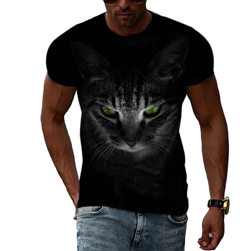 Fashion Personality Cool Style Cat graphic t shirts For Men Summer Animal Pattern 3D Print Black T-shirt O-neck Comfortable Top