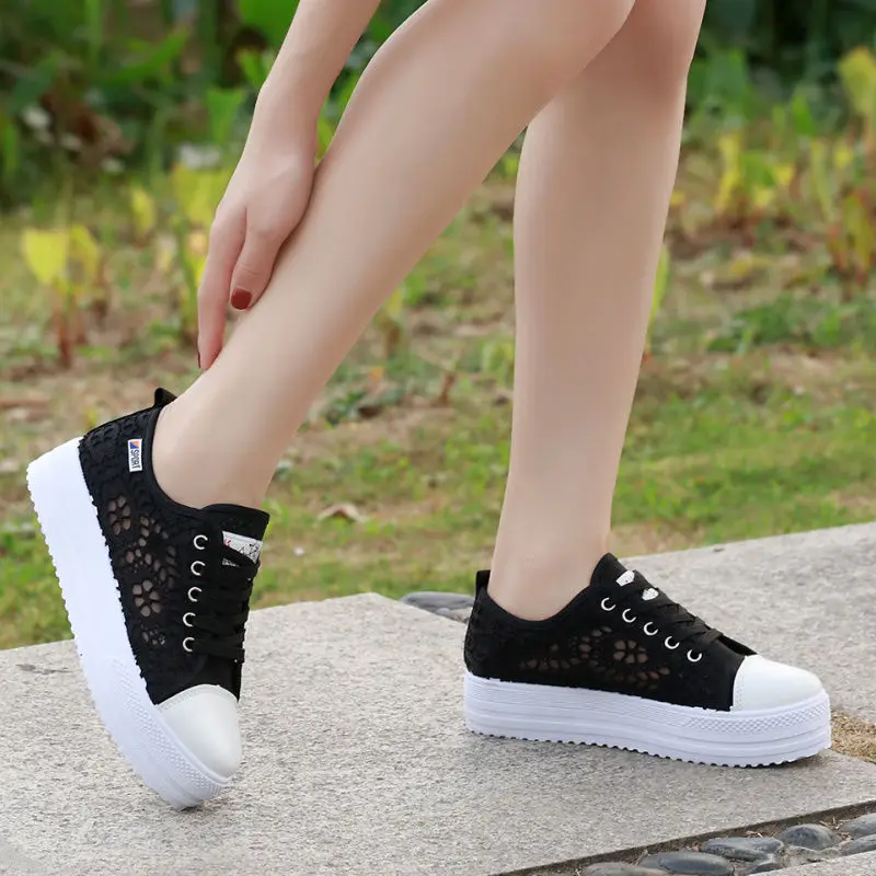 2021 Sneakers Lace Up Fashion Summer Casual White Shoes Cutouts Lace Canvas Hollow Breathable Platform Flats Zapatos Mujer