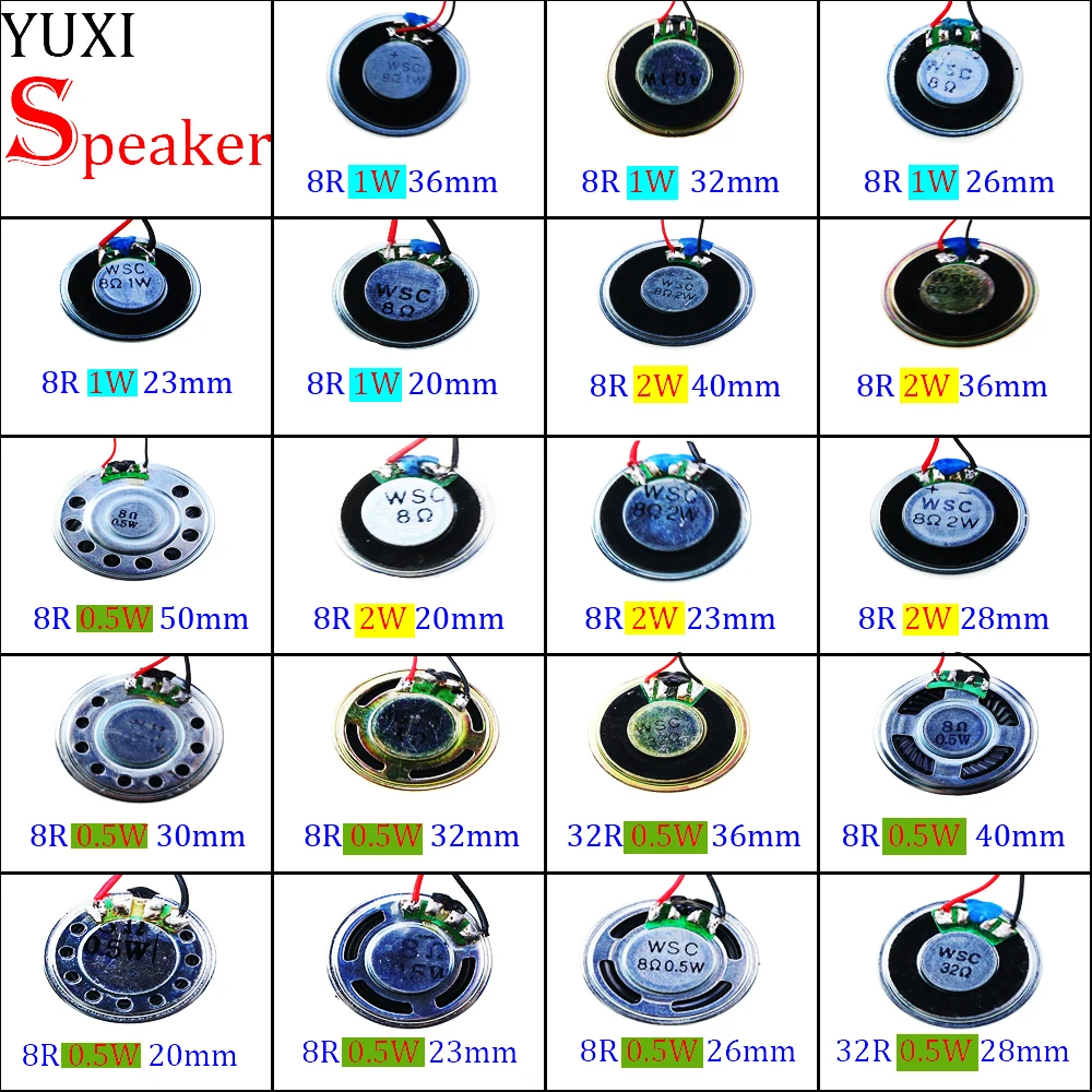 

8R 32Ohms 0.5W 1W 2Watt Speaker Ultra-thin Speaker Diameter 20 23 26 28 30 32 36 40 50MM With Terminal Wire 2.54mm Length 14CM