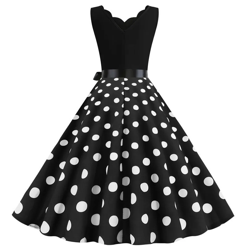 Polka Dot Print Women Summer Dress Black Patchwork Sleeveless V Neck Elegant Vintage Party Casual Midi Dress