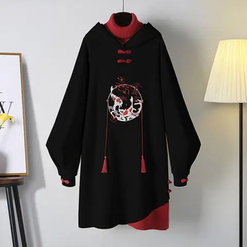 Chinese Traditional Style Hoodies Harajuku High-necked Sweatshirt Dress Women Autumn Cheongsam Party Dresses Thick Long Robe