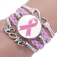 New Pink Ribbon Glass Cabochon Charm Leather Bracelets Faith Hope Cure Inspirational Bangle Breast Cancer Awareness Jewelry