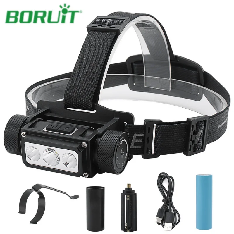 BORUiT Super Bright LED Headlamp 18650/21700 Battery TYPE-C Rechargeable Torch Waterproof Fishing Headlight Camping Work Lamp