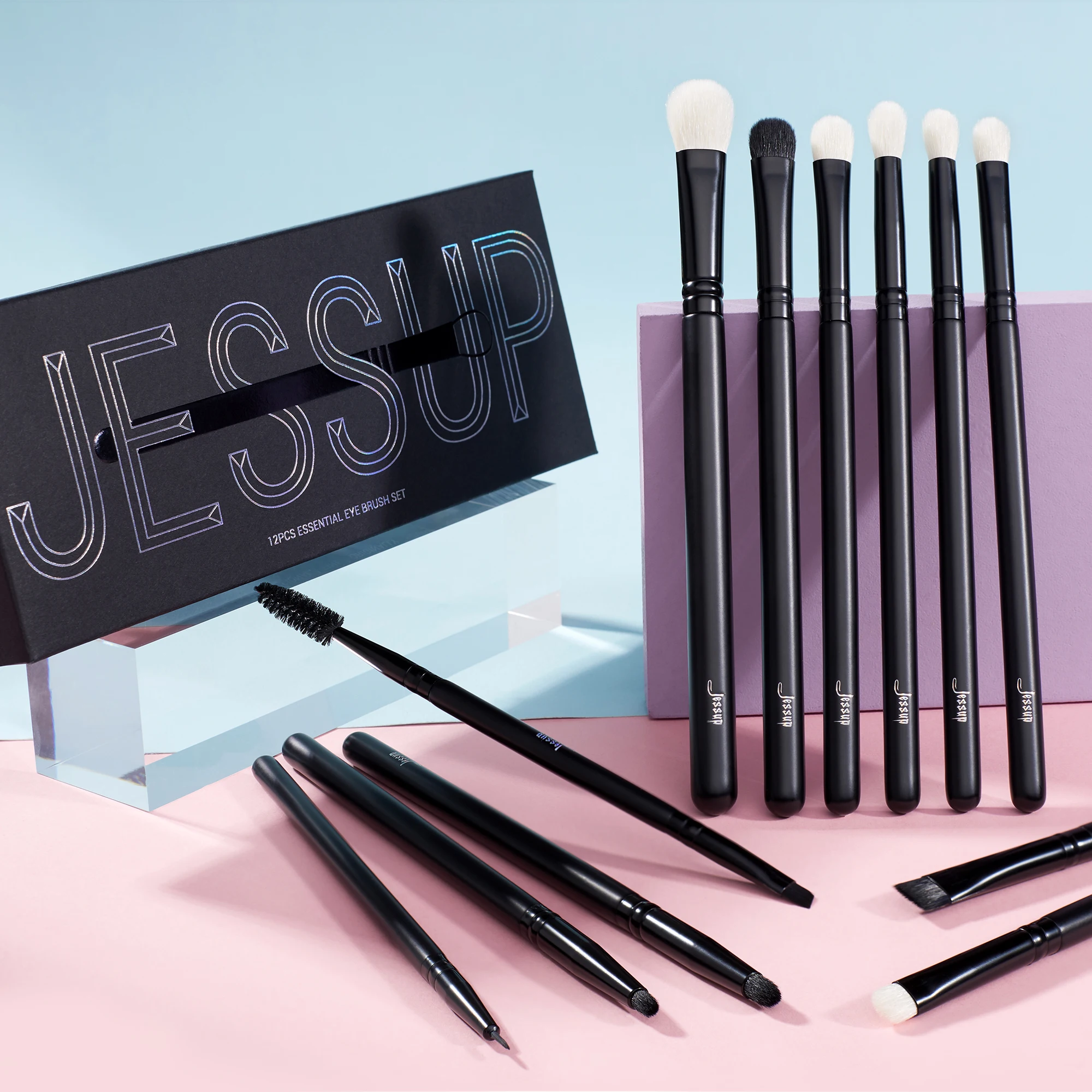 Jessup Eye Makeup Brushes Set,Eyeshadow Brush Set Blending Eyeliner Eyebrow Eyelash Shadow Spoolie,12pcs Mixed Hair Black T322