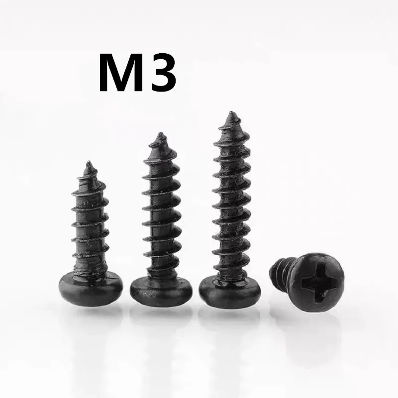 500pcs/lot GB845 M3x4/5/6/8/10/12/16mm PA Carbon steel black cross round head self-tapping screw