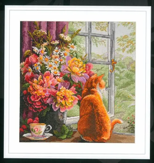 Summer Afternoon Window Sill Bouquet cat Top Quality Cross Stitch Kits 14CT Unprinted Sewing Embroidered Art Handmade Home Decor