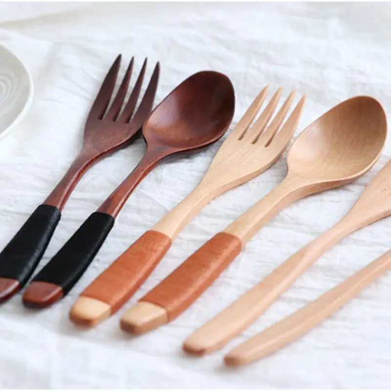 Natural Wooden Spoon & Fork Dinner Kit Rice Soups Utensil Cereal Home Tableware Dinnerware Cutlery For Kicthen