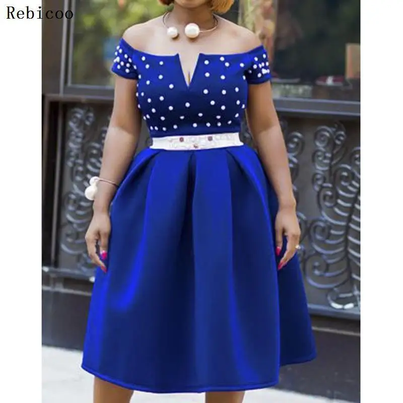 Sexy Club Party Elegant OL Lady Streetwear Autumn Women Dresses Blue  Off Shoulder Beading Female Fashion Pearl Dress