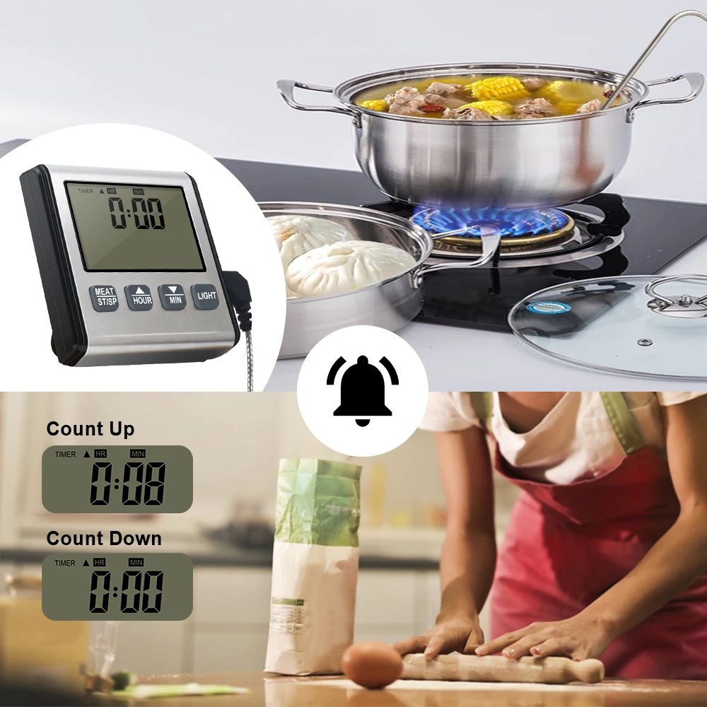 Digitale Timing Voedsel Thermometer Temperatuur Meter Met Timer Functie Vlees Probe Elektronische Keuken Gereedschap Voor Koken Bbq Oven