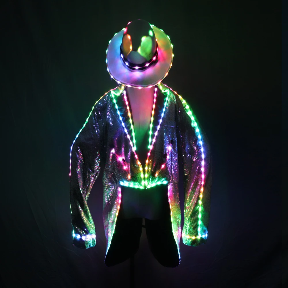 Fashion Swallowtail LED Tuxedo Luminous Costumes Glowing vestidos LED Clothing Show Men LED Clothes Dance Accessories