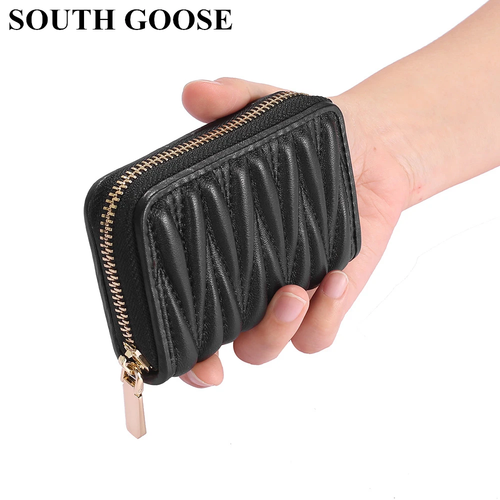 

SOUTH GOOSE Brand Business Card Holder Women Sheepskin Leather Zipper Credit Card Holder Female Cute Card Bag Coin Purse