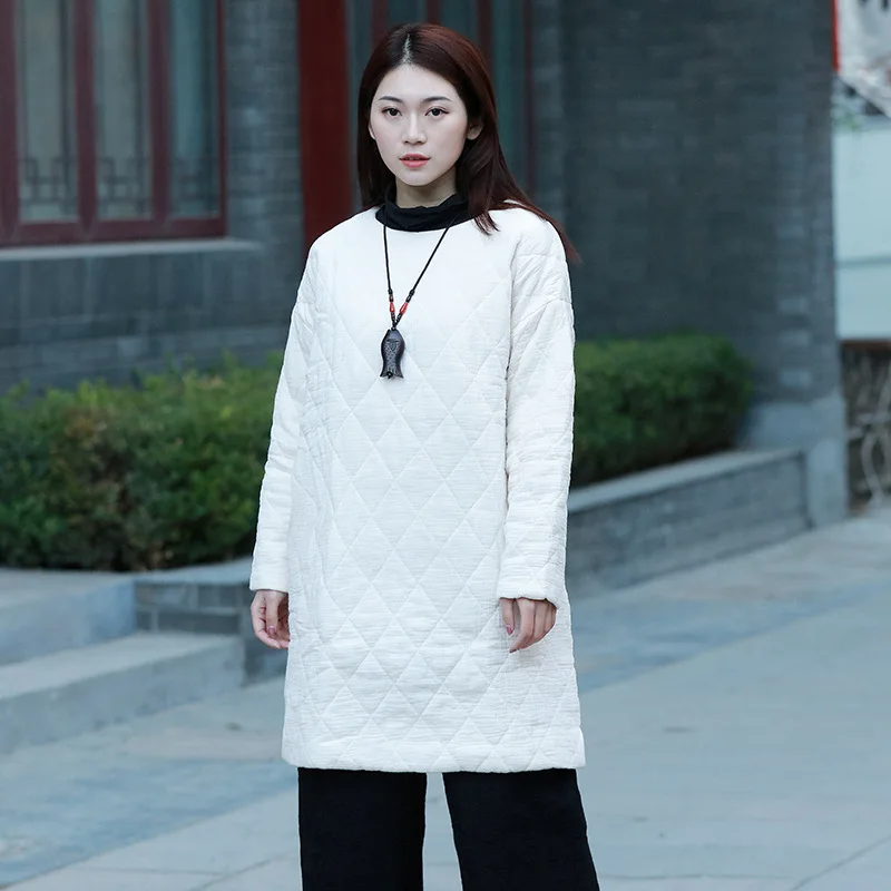 

LZJN Women Dress Thicken Robes 2019 Winter New Vintage Warm Quilted O-Neck Cotton Linen Dress 3 Colors Mid-Length Long Robes