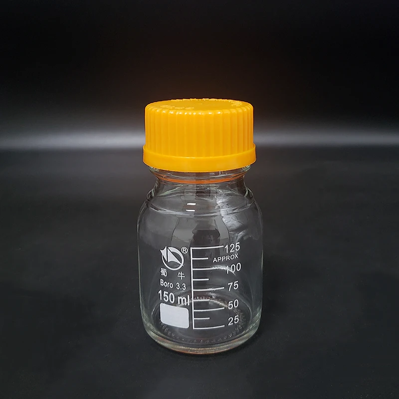 

SHUNIU Reagent bottle, With yellow screw cover, Borosilicate glass 3.3, Capacity 150mL, Graduation Sample Vials Plastic Lid