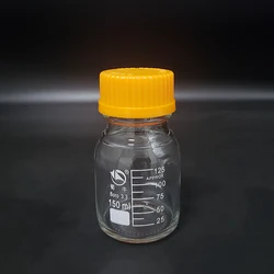 SHUNIU Reagent bottle, With yellow screw cover, Borosilicate glass 3.3, Capacity 150mL, Graduation Sample Vials Plastic Lid