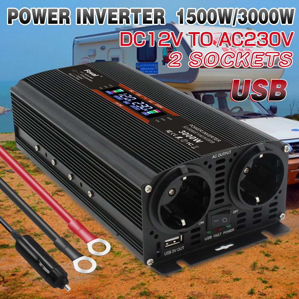 1500W/2000W/2600W Modified Sine Wave  LCD display Power Inverter DC 12V to AC 220V Solar 2 USB Car Transformer Convert EU Socket