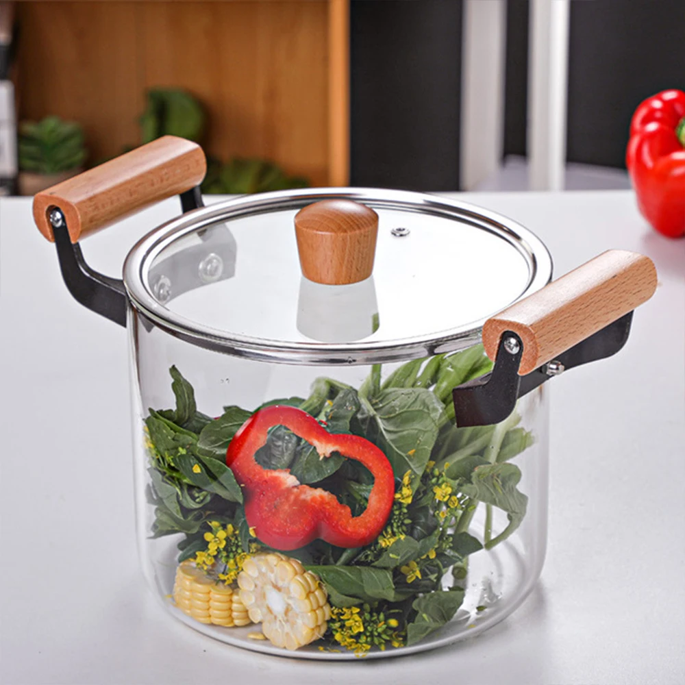 High Temperature Resistant Transparent Lid With Wooden Handle Stock Pot With Large Capacity Open Flame Heating Glass Double Ear