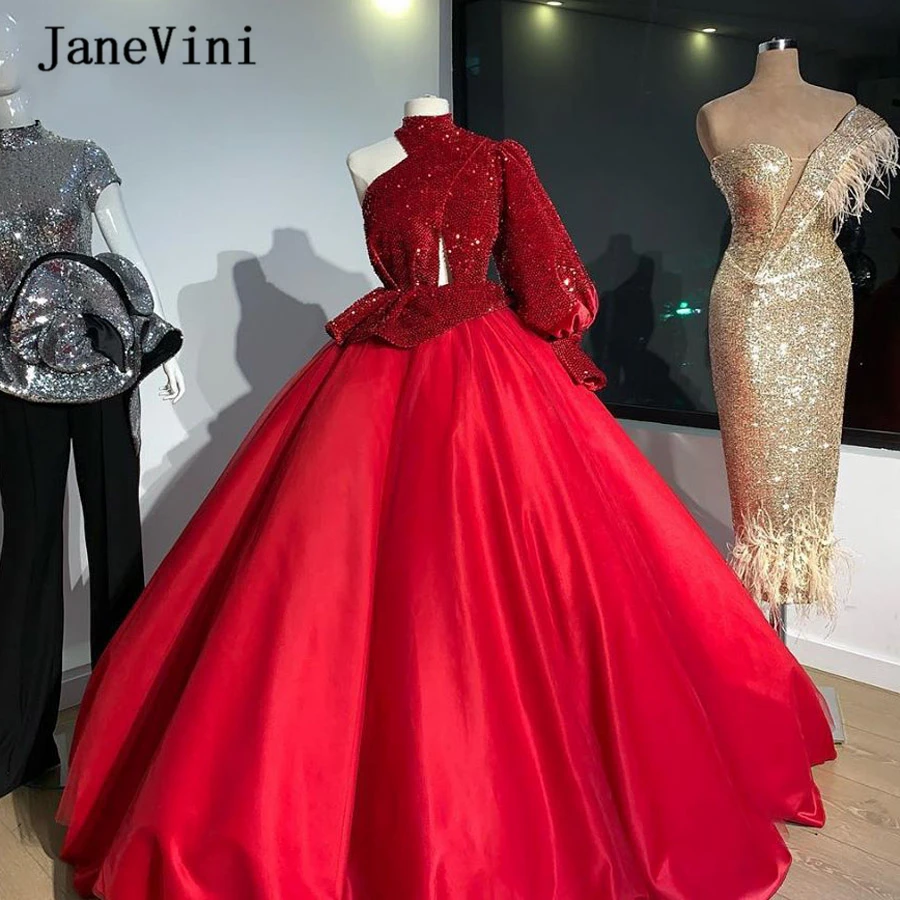 JaneVini-vestido de fiesta de lentejuelas Rojas brillantes, quinceañera, un hombro, manga larga, satén, largo hasta el suelo, dulce 16, para graduación