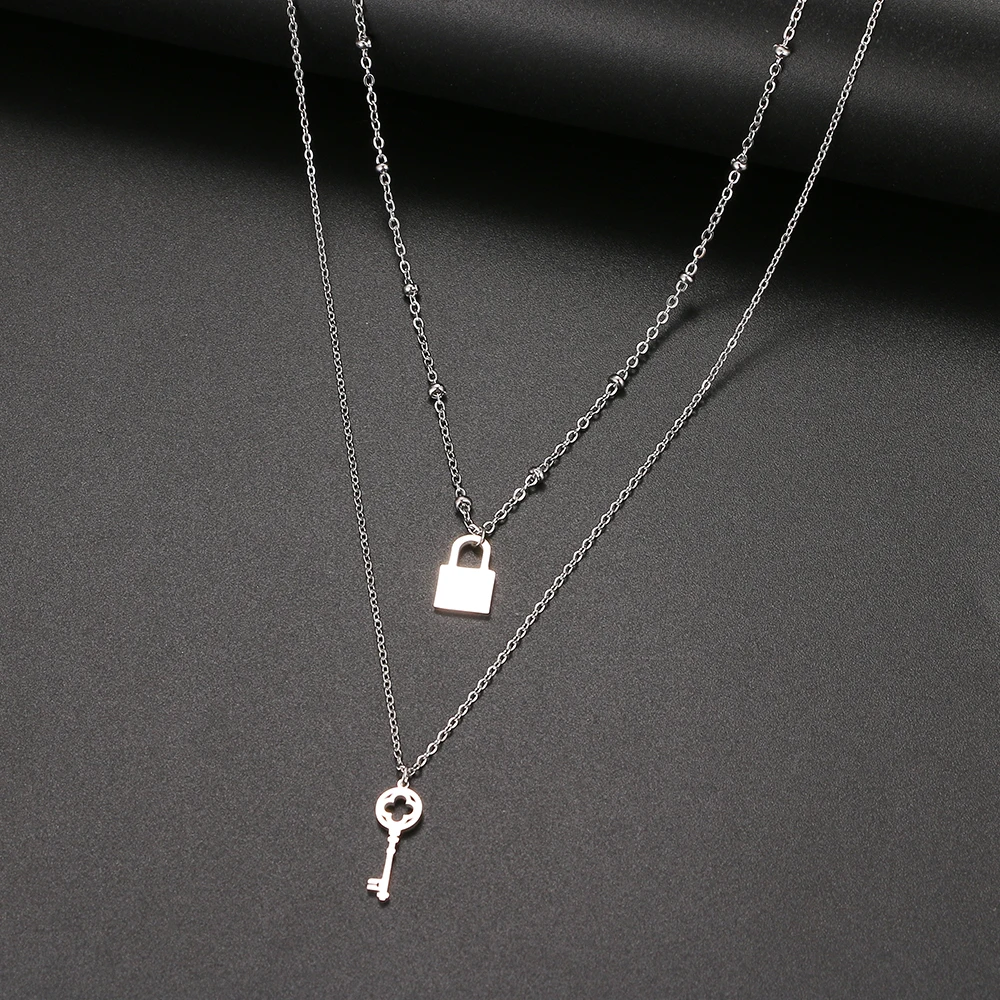 القلائد الفولاذ المقاوم للصدأ قلادة الموضة متعدد الطبقات نمط قفل مفتاح مطرز سلسلة قلادة للنساء مجوهرات هدايا صديق الحفلات #3