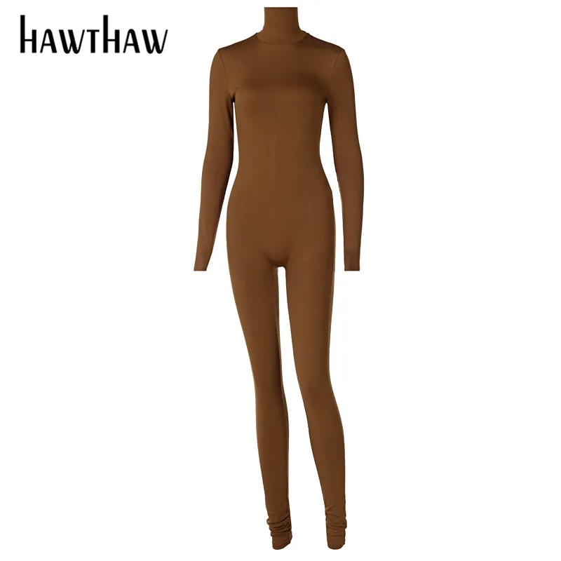 Hawthaw Women Autumn Winter Long Sleeve Bodycon Soild Color Turtleneck Jumpsuit Romper Playsuit 2020 Famale Clothing Streetwear