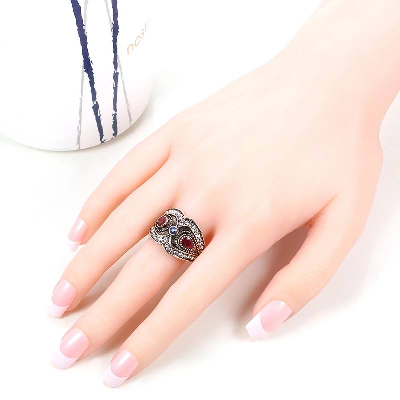 Kinel Fashion Women Ring Antique Gold Red Stone Crystal Flower Big Rings Vintage Wedding Jewelry Drop Shipping