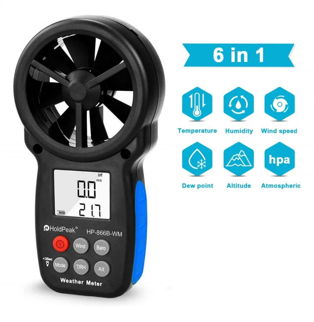 HoldPeak-Digital Anemometer with LCD Backlight Display, Wind Speed Meter, Temperature Tester,-10 ~ 45C, 0.3-30 m/s