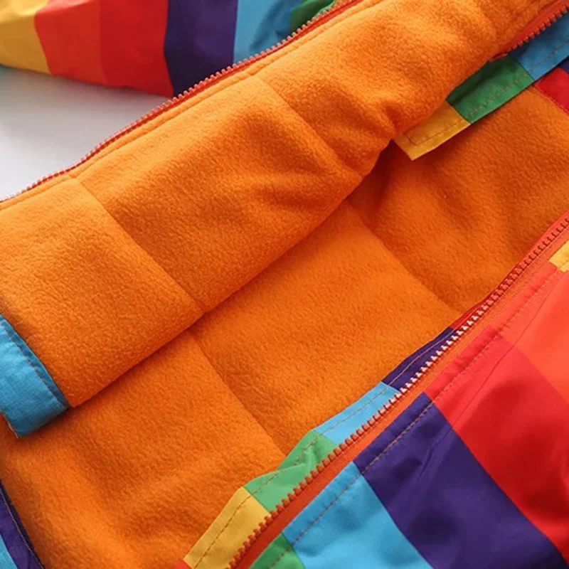 Autumn winter children outerwear kids warm coat hooded thickening waterproof windproof for boys girls rainbow stripe jacket 2-7y