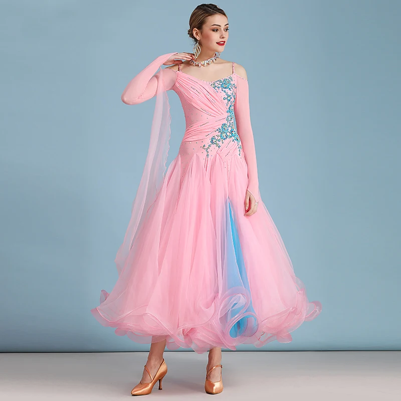 Standard Ballroom Dance Dresses High Quality Pink Long Sleeve Flamenco Dancing Skirt Women Cheap Stage Waltz Ballroom Dress