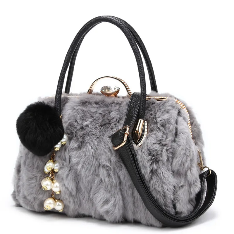 2024 winter new  bag 100% rabbit fur shoulder bag winter fashion ladies Plush Diamond ball tassel luxury women designer handbags