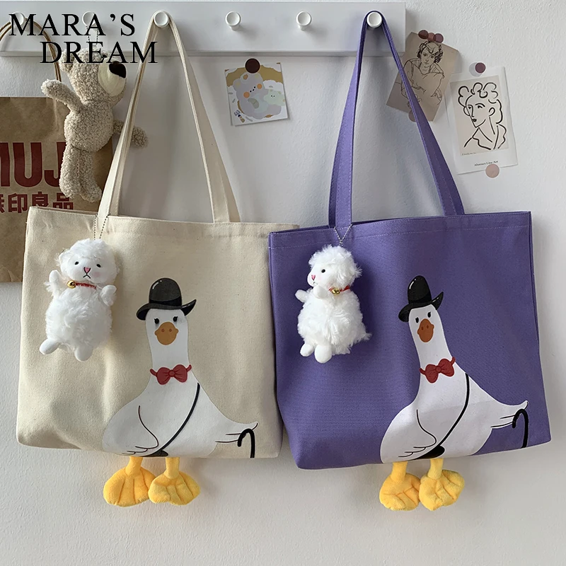 Mara\'s Dream Women Shoulder Shopper Bag Cute Duck Cartoon Print Casual Kawaii Canvas Tote Shopping Bag Cotton Cloth Eco Handbags