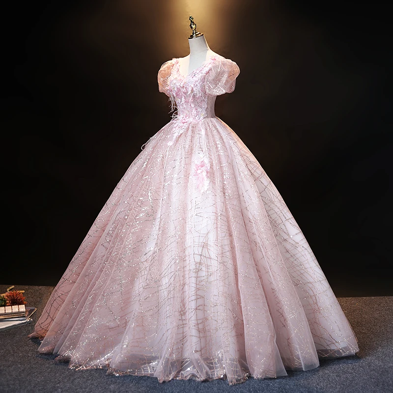 vintage bubble sleeve pink embroidery beading queen ball gown princess/Medieval Victoria Ball stage performance/event/studio