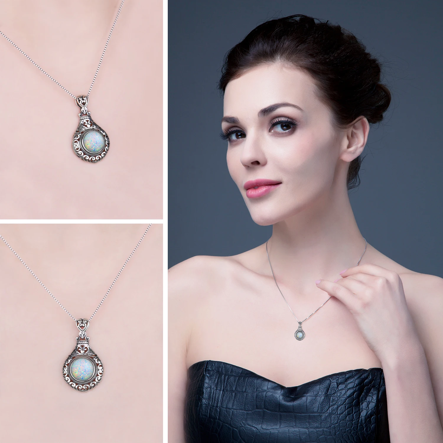 JewelryPalace Vintage 2.5ct Cabochon Created Opal 925 Sterling Silver Heart Love Statement Pendant Necklace Choker No Chain
