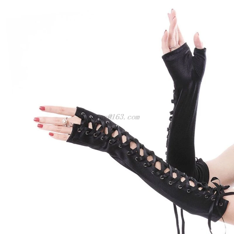 Women Sexy Elbow Length Fingerless Long Gloves String Ribbon  Lace Up Dance Gothic Style Cosplay Mittens Arm Warmer