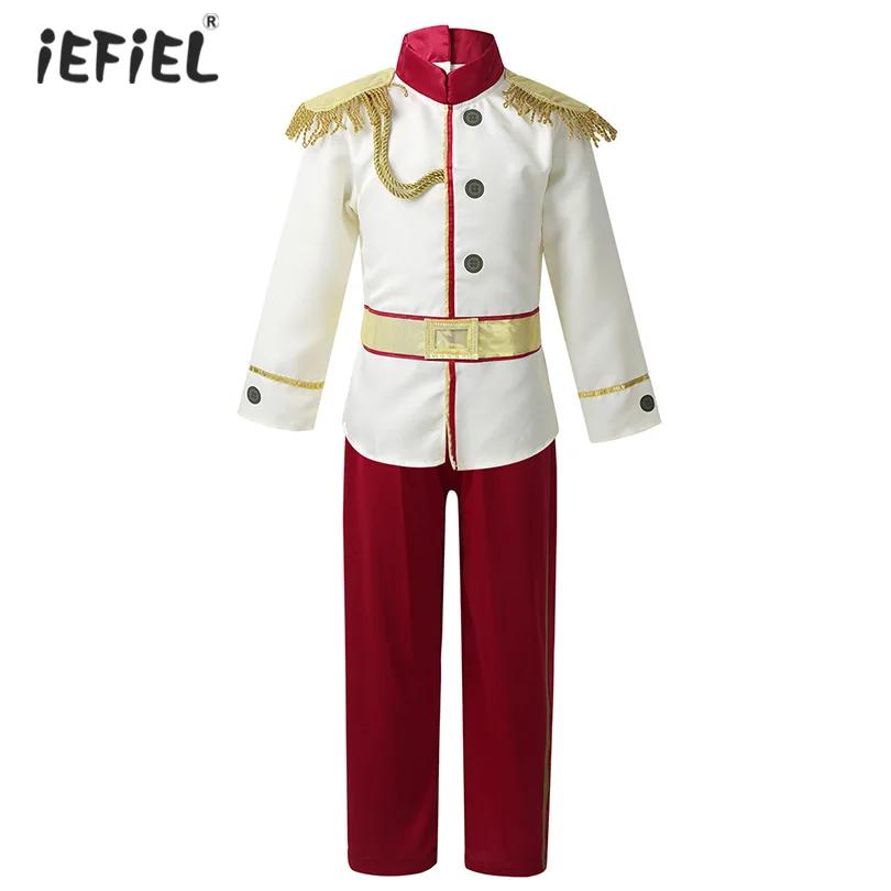 

Kids Boys Medieval Royal Prince Costume Outfit Long Sleeves Tops with Pants Set for Halloween Cosplay Theme Parties Dress Up