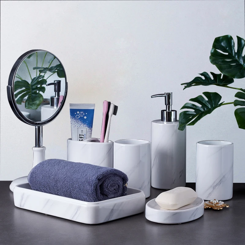 Bathroom Accessories Set Soap Dispenser Toothbrush Holder Gargle Cups Soap Dish With Tray Bathroom Mirror Ceramic Wedding Gifts