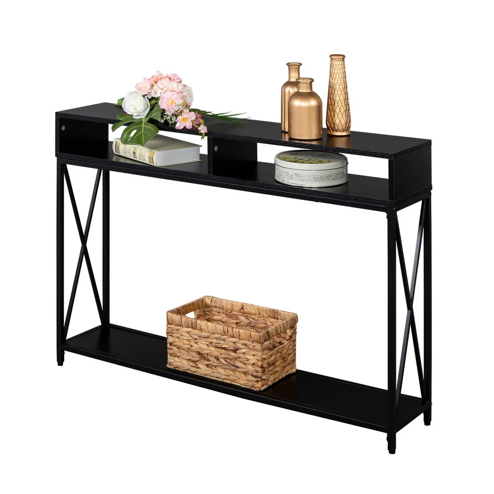 Console Table Industrial Style Porch Table Side Cross 3-Layer Black Oak Triamine Board 108x23x76CM for Living Room[US-Depot]