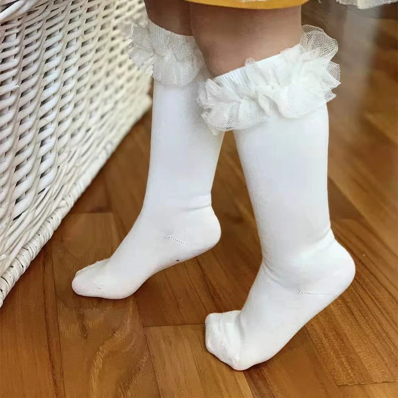 Autumn Winter Baby Girls Socks Toddlers Children Knee High Socks Soft Cotton Puffy Mesh Lace Flower Kids Sock Tube Calcetines